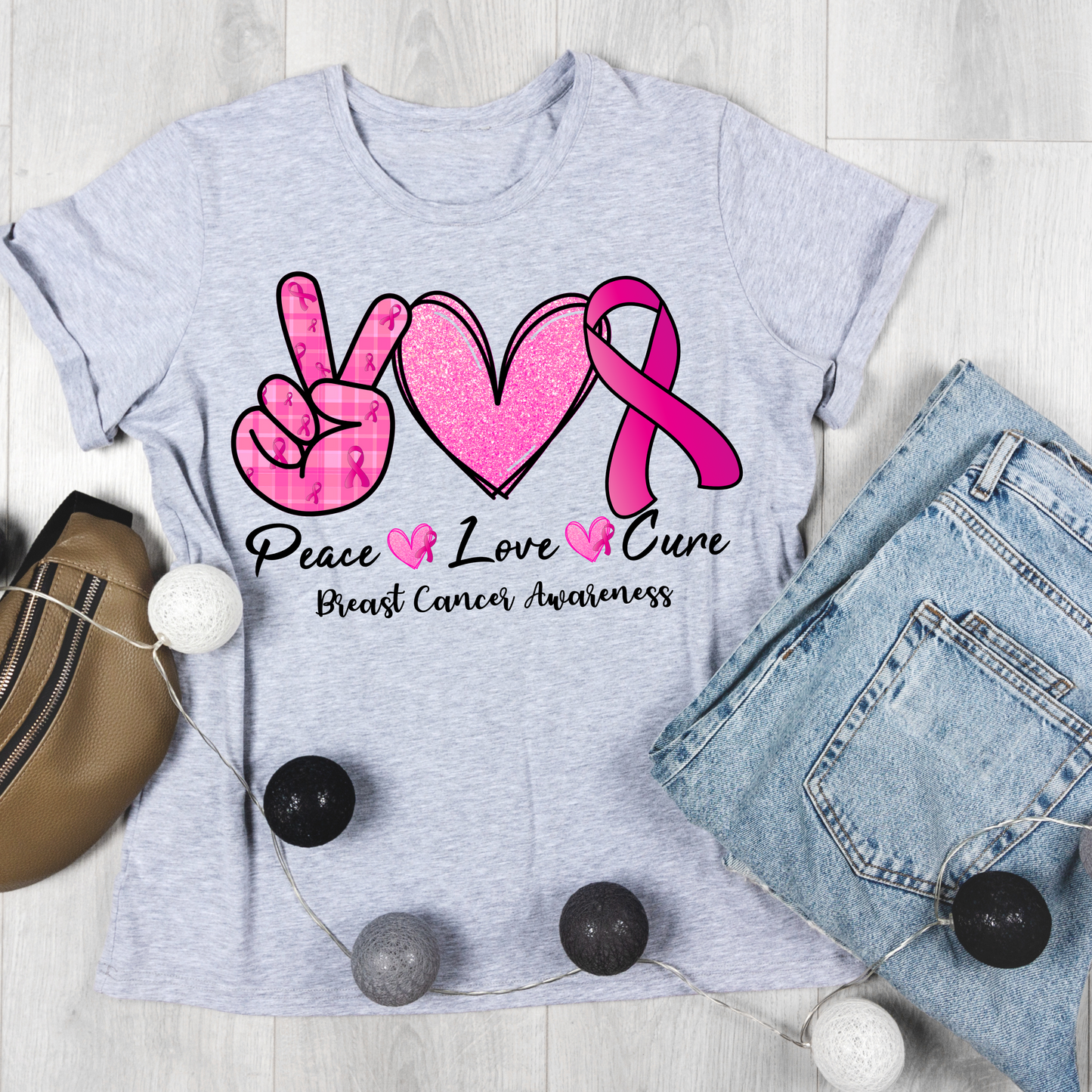 Peace,Love,Cure- Breast Cancer Tee