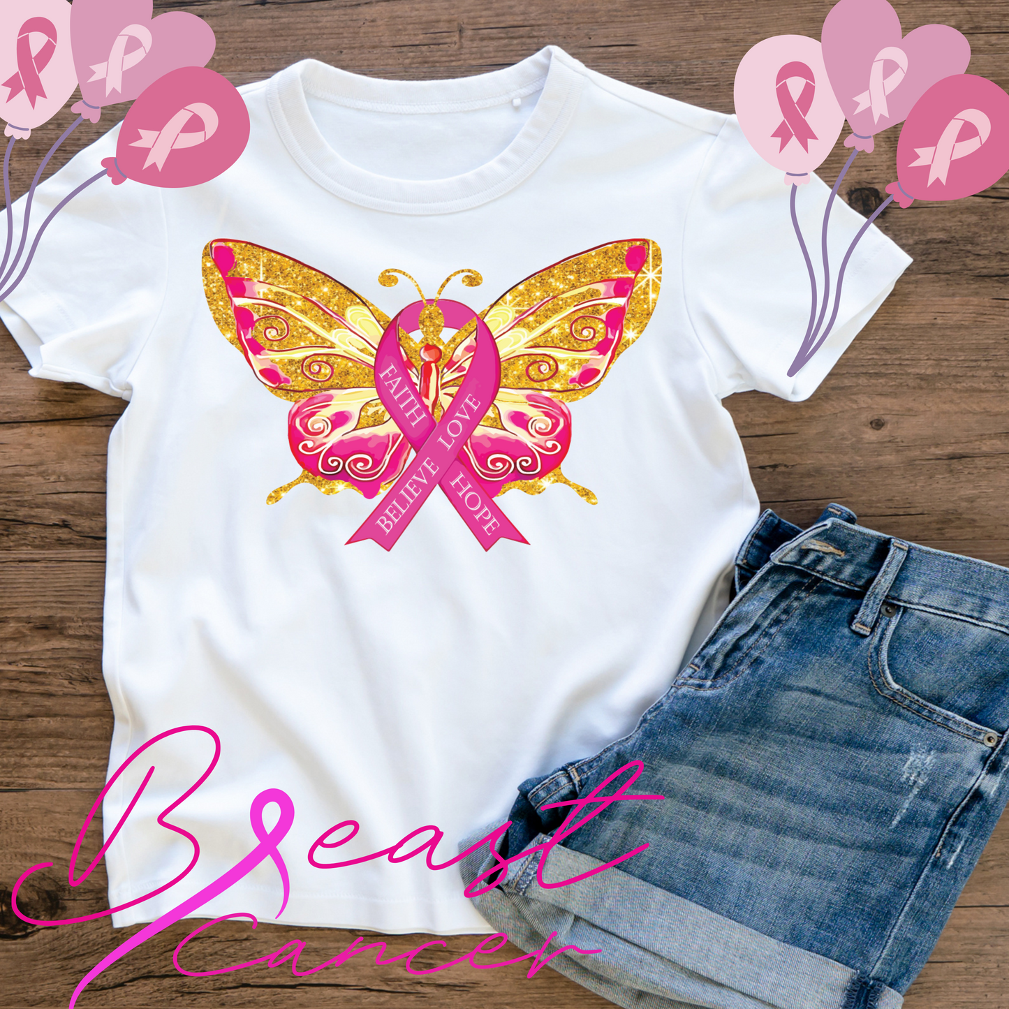 Butterfly Breast Cancer White Tee Shirt