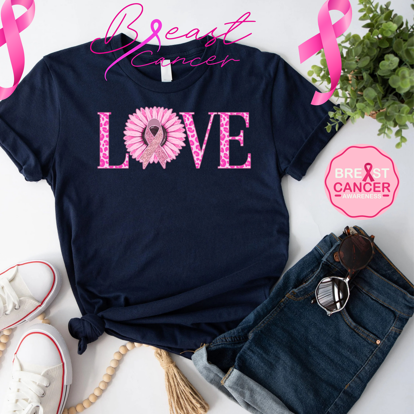 LOVE BREAST CANCER BLACK TEE-SHIRT